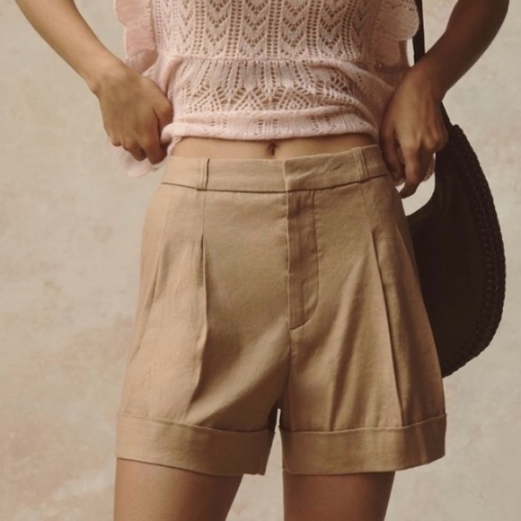 🟠NWT MAEVE by ANTHROPOLOGIE Avery Linen Lend Pleated Trouser Shorts in Cedar